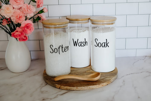 Laundry Jars with labels, Wash, Soak, Soften